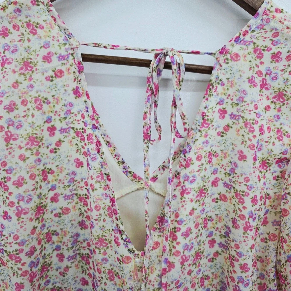 Pink Lily Floral Chiffon Babydoll Long‎ Bell Sleeve V Neck Top Womens L Boho